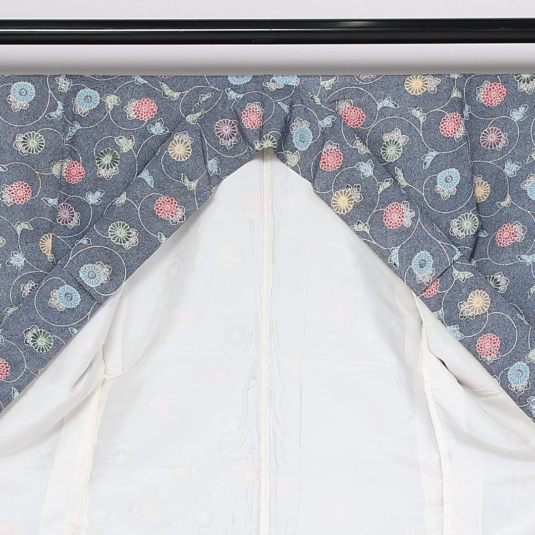 小紋 袷 身丈151cm 裄62cm 正絹 鮫 唐草 菊 青系 Cランク 1215-02439