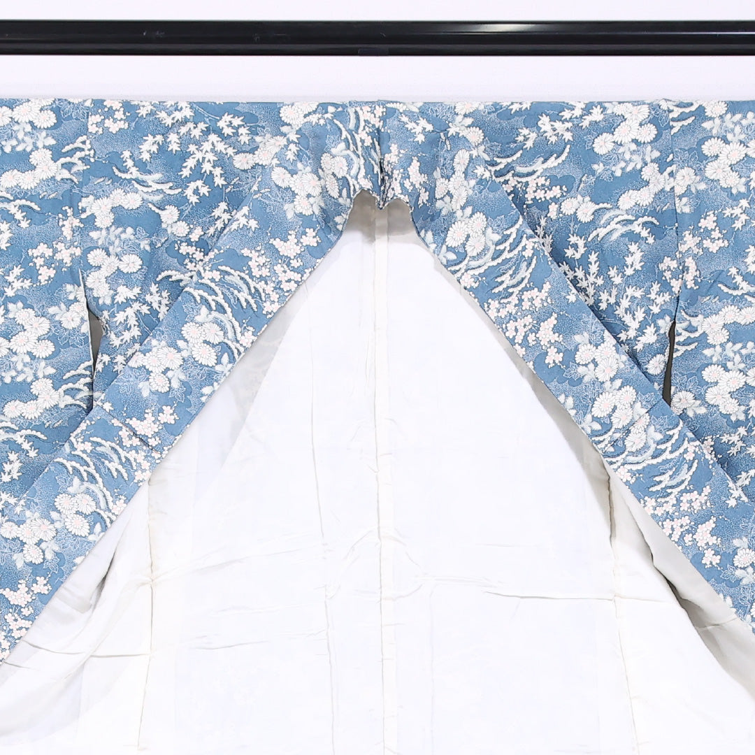 小紋 袷 身丈152cm 裄丈62cm 正絹 Sランク インフォーマル 広衿 Sサイズ 菊 紅葉 青系 RP 1221-11566