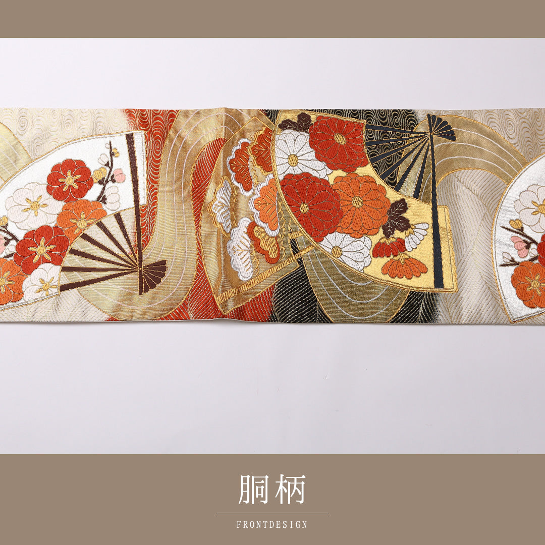 振袖用 袋帯 帯丈432cm 正絹 六通 唐織 扇流し 金系 1243-01550