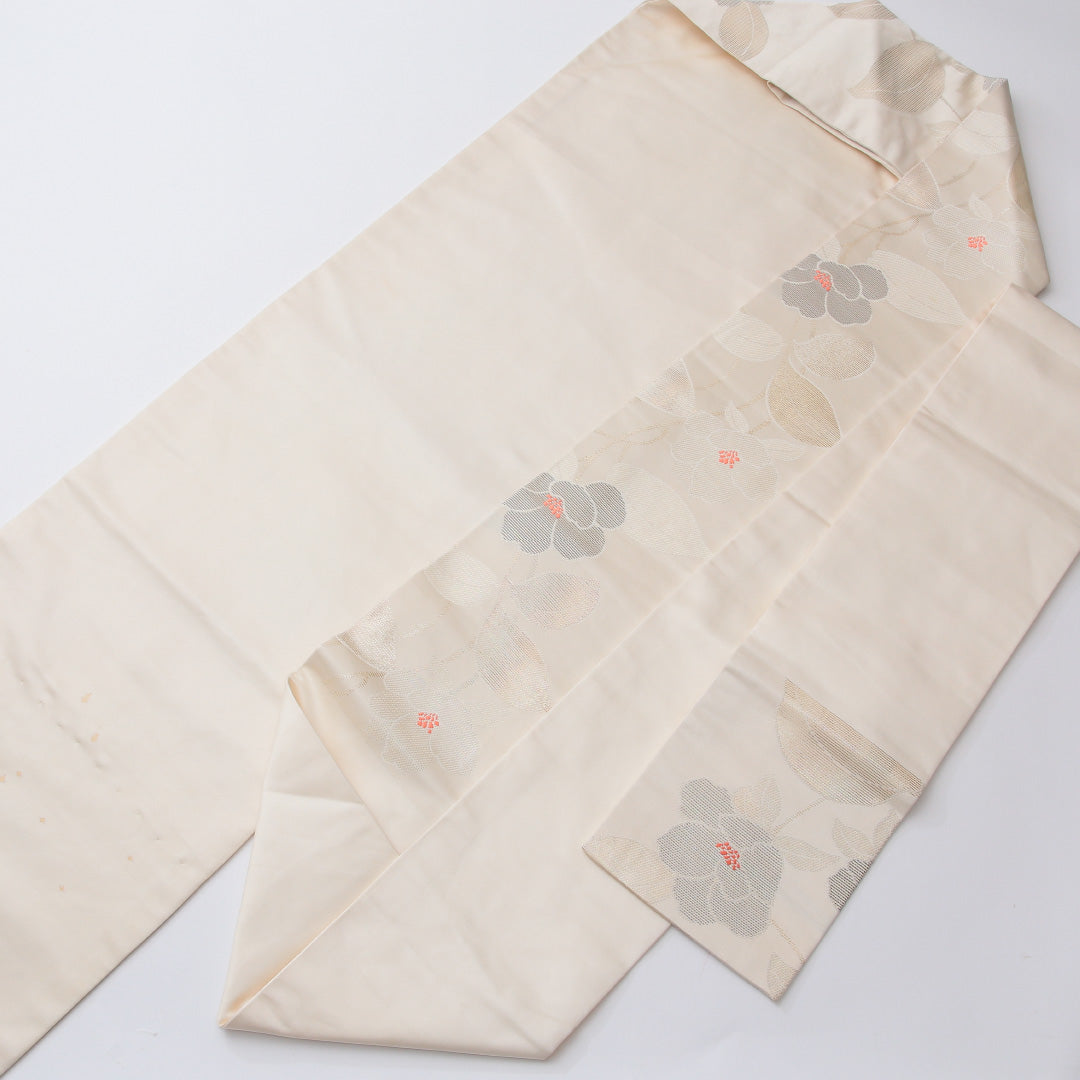 夏物 名古屋帯 六通 帯丈364cm カジュアル Cランク 正絹 椿 クリーム系 1224-02038