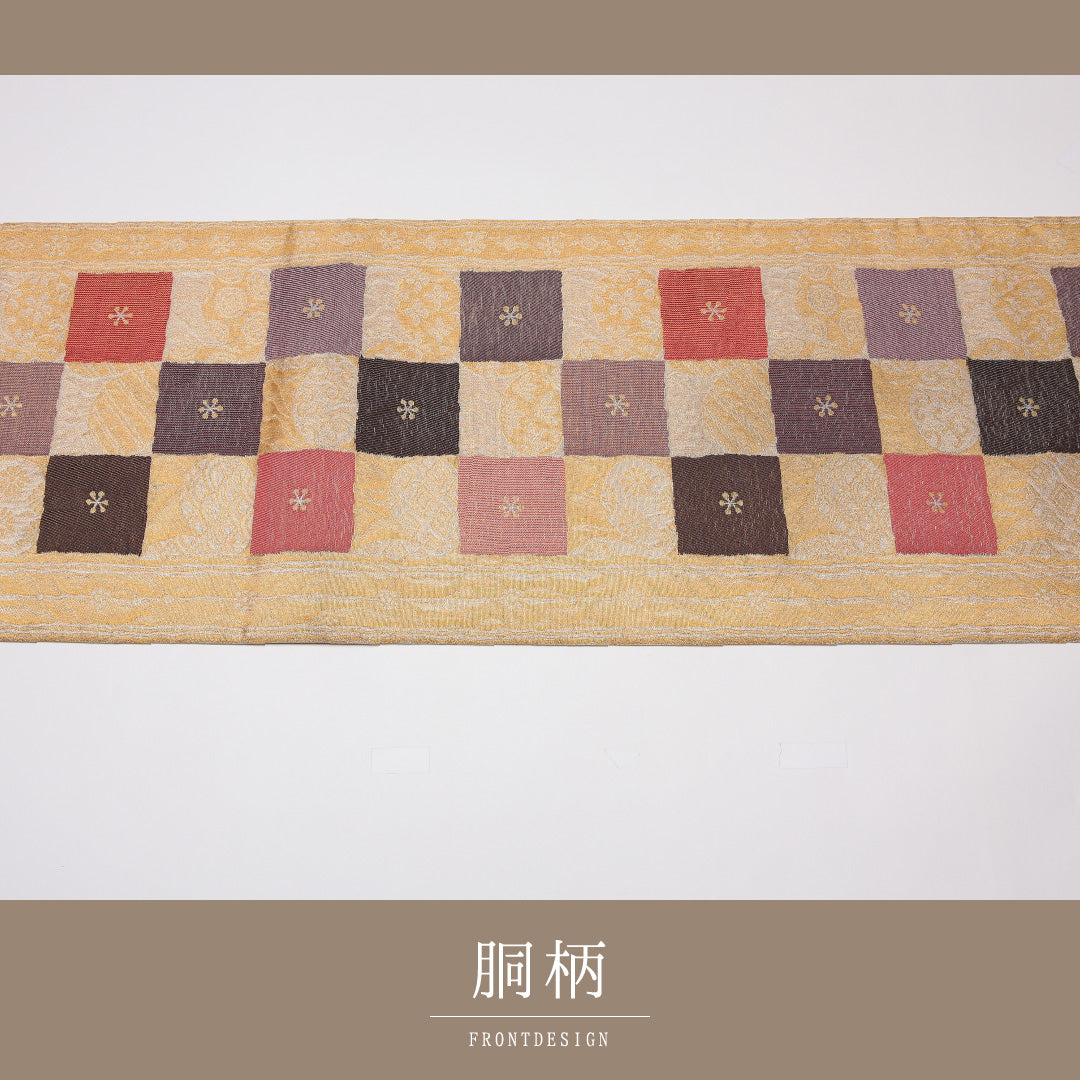 袋帯 帯丈444cm 正絹 六通 セミフォーマル 市松 丸文 金系 1243-01259
