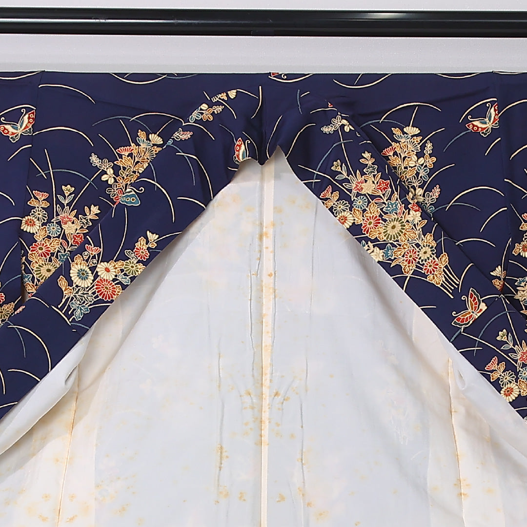 小紋 袷 身丈162cm 裄丈65cm 正絹 Aランク インフォーマル バチ衿 Lサイズ 蝶 芝草 花柄 紺系 HP 1221-12376