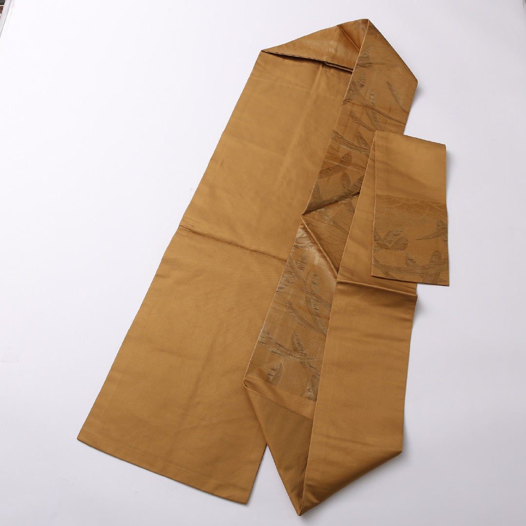 未使用品 九寸名古屋帯 Nランク 帯丈347cm 正絹 六通 名古屋仕立て 織り インフォーマル 蘭 茶系 HP 1245-02640