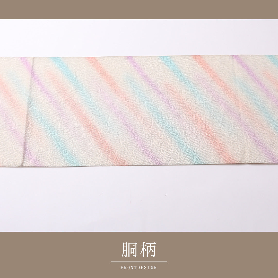 袋帯 帯丈420cm 正絹 六通 セミフォーマル 菱つなぎ 多色系 白系 1243-01513
