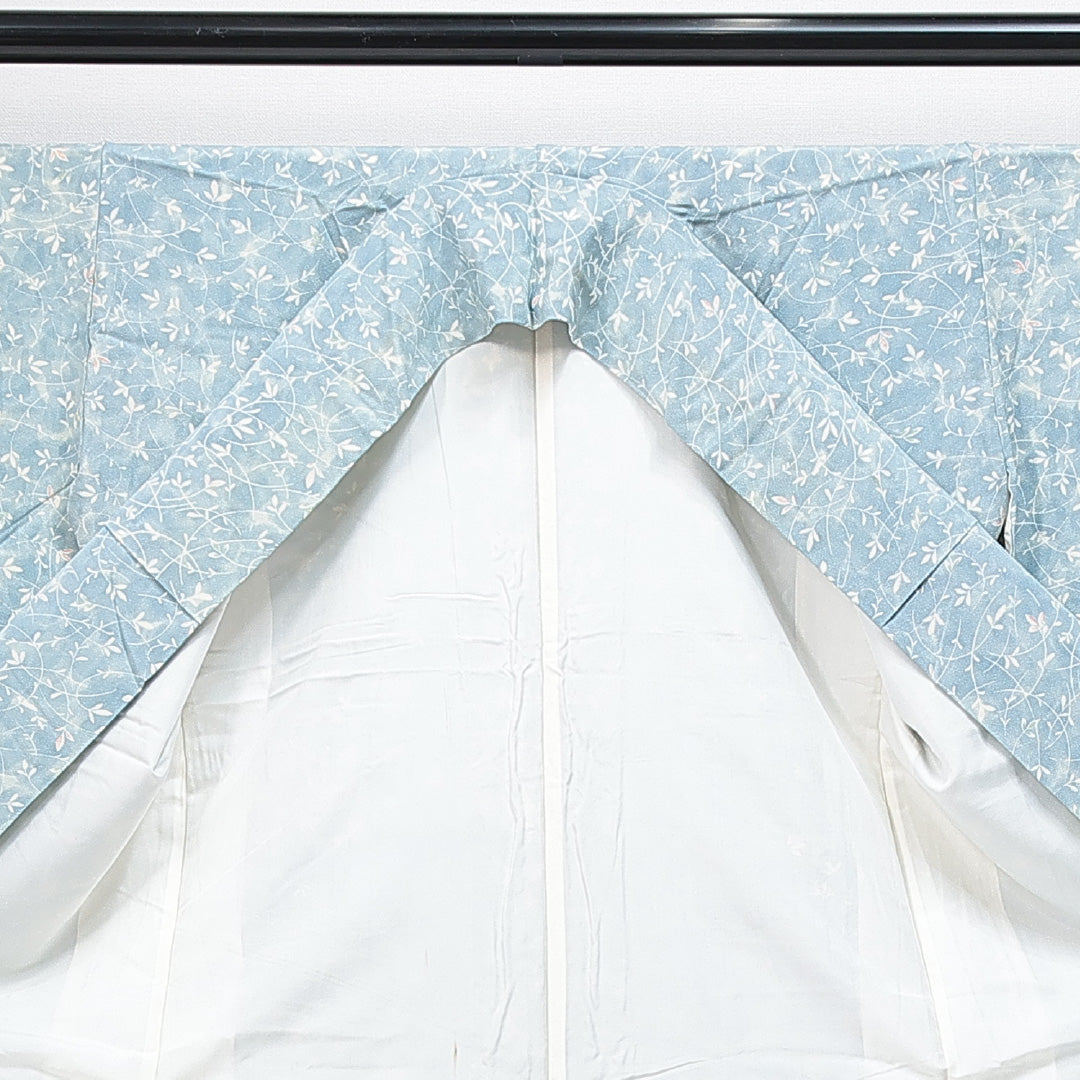 小紋 袷 身丈152cm 裄丈60cm 正絹 Aランク Sサイズ 広衿 インフォーマル 植物柄 水色系 1215-14860
