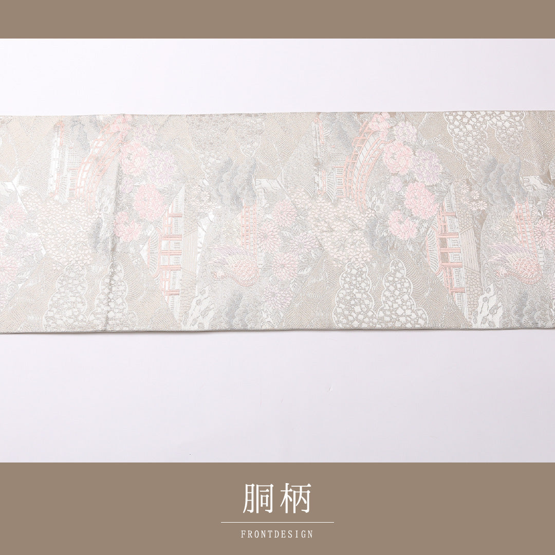 未使用品 袋帯 帯丈428cm 正絹 六通 セミフォーマル 平等院鳳凰堂 銀系 1243-01519