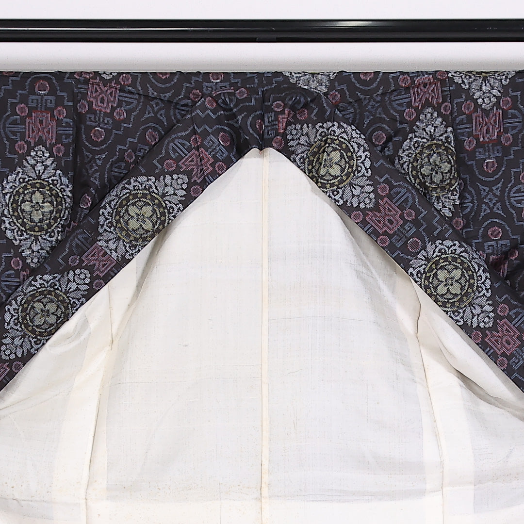 紬 袷 身丈150cm 裄62cm 正絹 アラベスク グレー系 Sランク 1216-01478