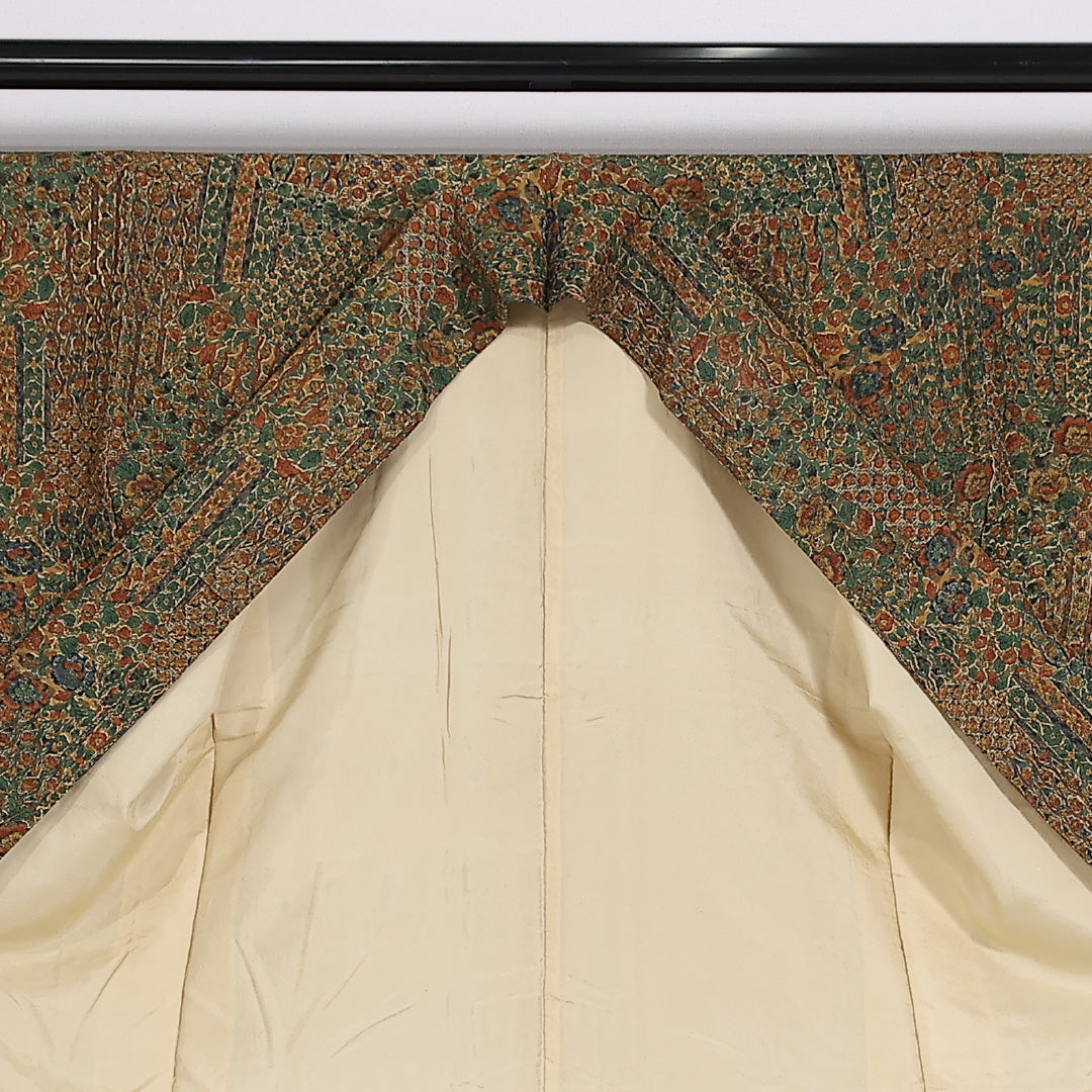 小紋 袷 身丈156cm 裄64cm 正絹 緑系 茶系 Sランク 1215-02480