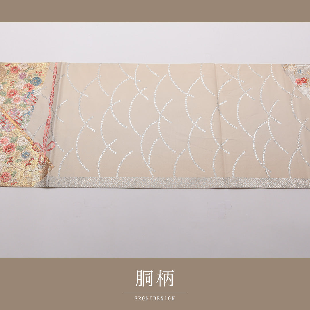 袋帯 帯丈446cm 正絹 六通 フォーマル 唐織 扇面文 吉祥文様 クリーム系 1243-01449