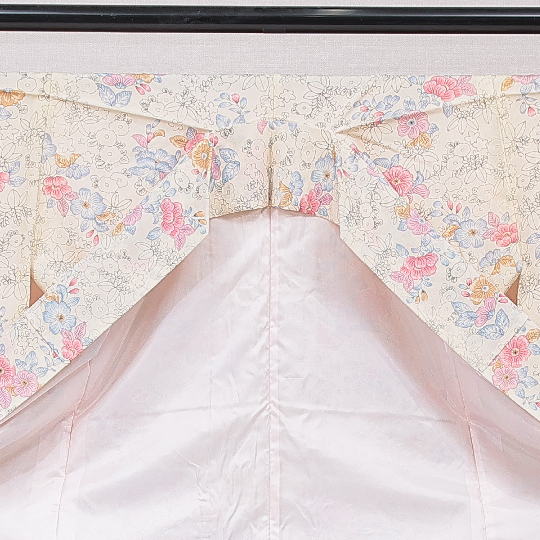 小紋 洗える着物 袷 身丈161cm 裄丈64cm ポリエステル Cランク Lサイズ 広衿 インフォーマル 花柄 クリーム系 1215-15637