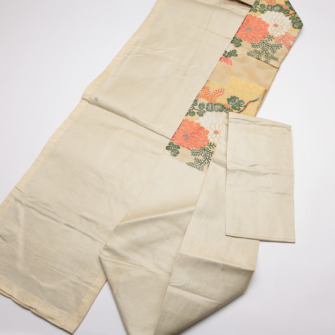 アンティーク 九寸名古屋帯 Cランク 帯丈332cm 正絹 六通 名古屋仕立て 織り 菊 ベージュ系 M4 1245-01795