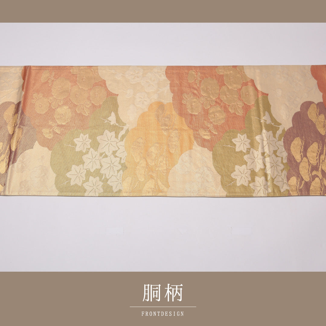袋帯 帯丈418cm 正絹 六通 フォーマル 琳派 雲取り 四季草花 金系 1243-01313