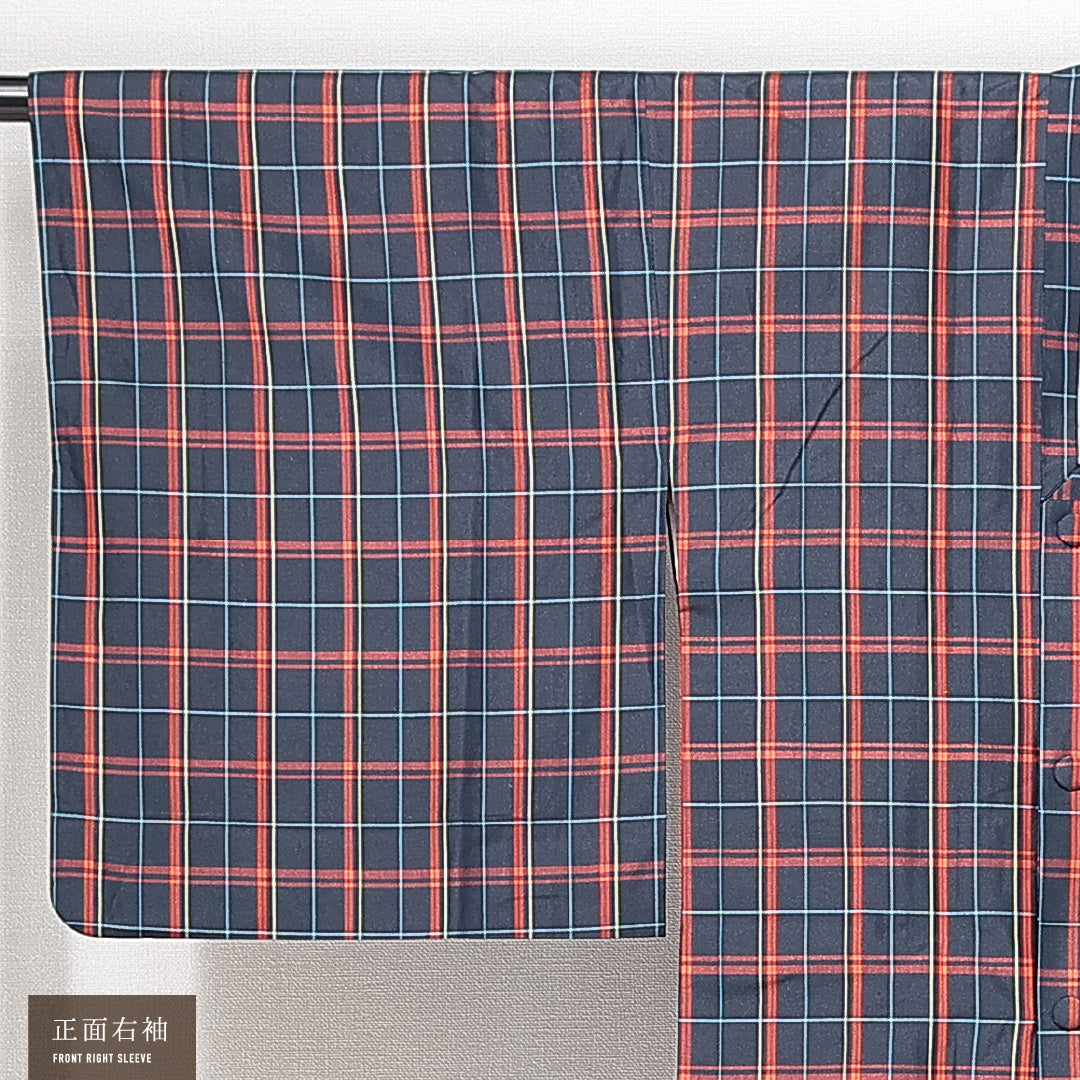 道行コート 袷 身丈90cm 裄丈65cm 正絹 Sランク セミフォーマル Mサイズ ポケットあり 格子 紺系 RP 1237-14688