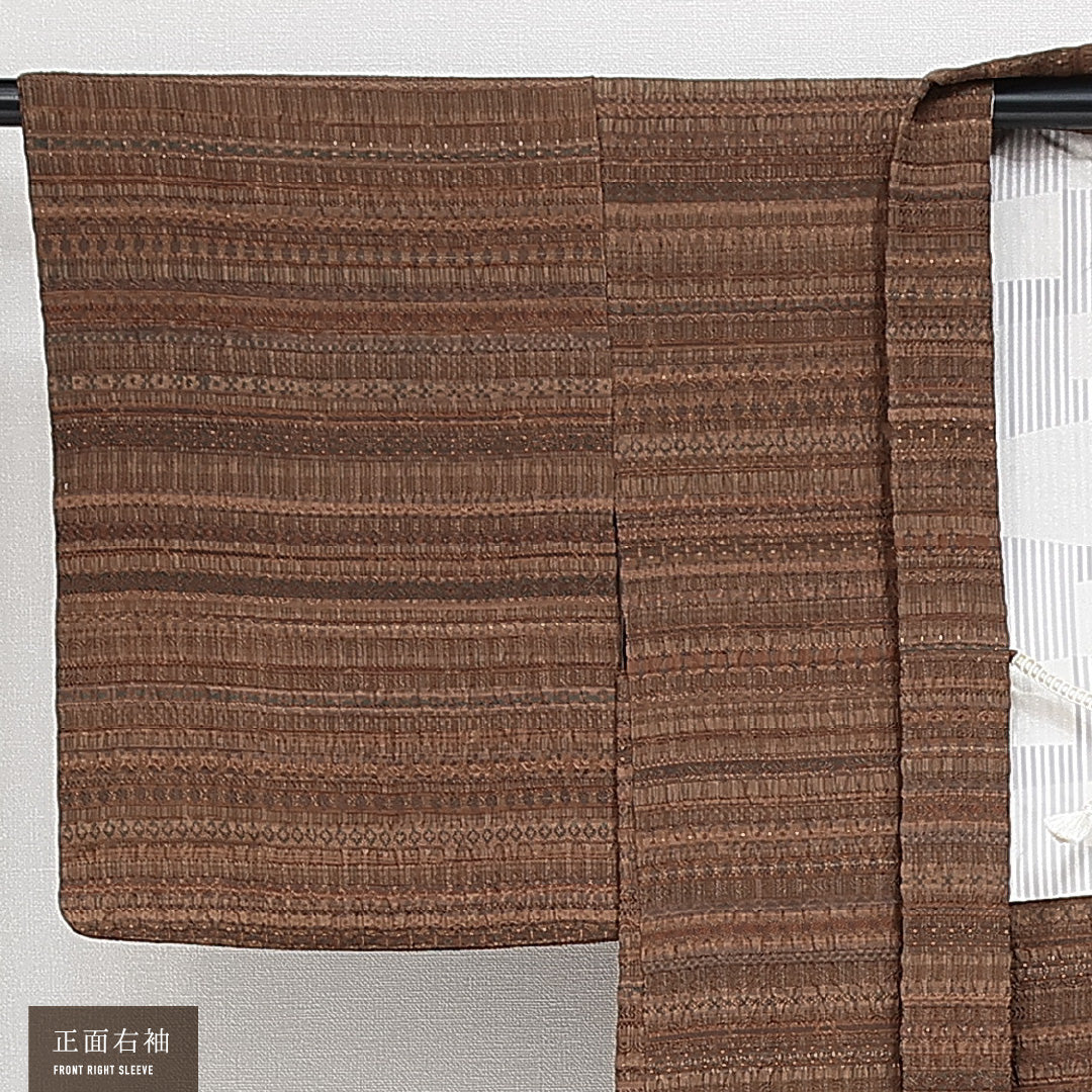 羽織 袷 身丈78cm 裄丈61cm 正絹 Sランク カジュアル Sサイズ 紐あり 幾何学柄 茶系 RP 1232-14658