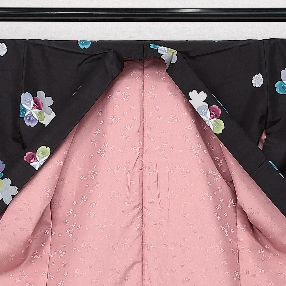 洗える着物 小紋 袷 身丈166cm 裄丈66cm ポリエステル Sランク インフォーマル バチ衿 XLサイズ 桜 黒系 RP 1221-14305