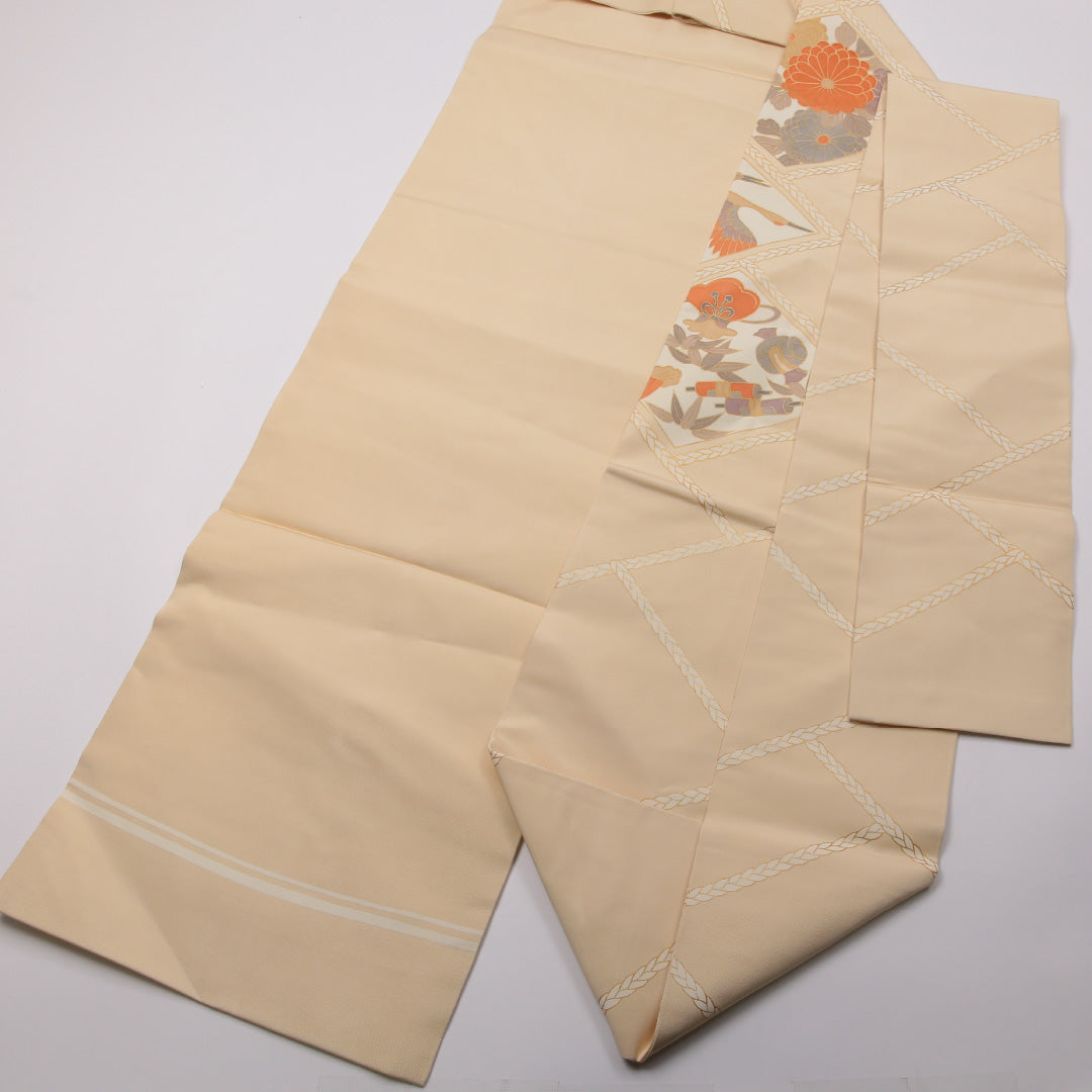 名古屋帯 ポイント柄 帯丈373cm カジュアル Sランク 正絹 笹 鶴 鼓 菱 菊 ベージュ系 1224-01762