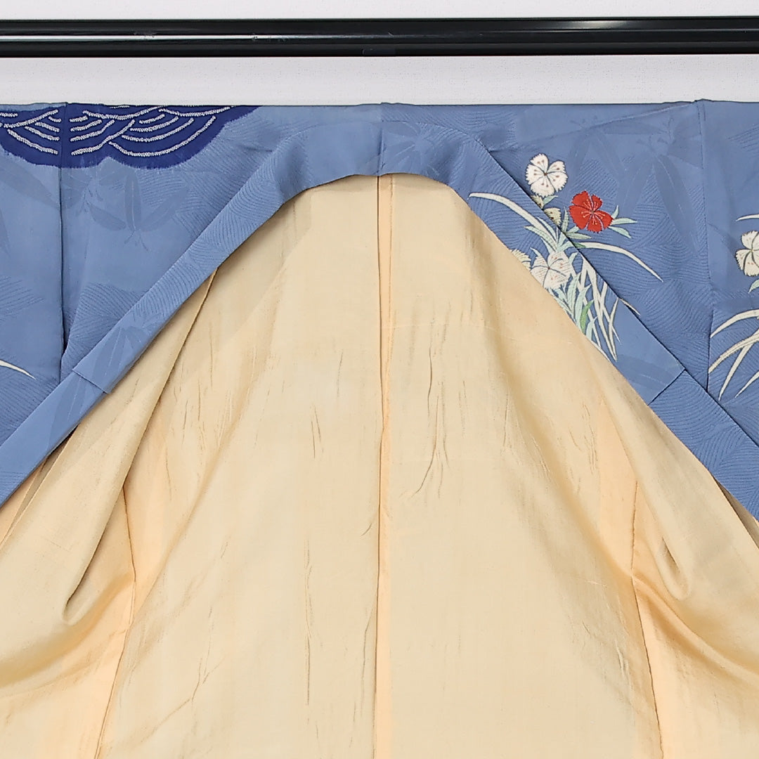 アンティーク 訪問着 袷 身丈152cm 裄丈64cm 正絹 Aランク 一つ紋 (橘) バチ衿 Sサイズ 金箔 刺繍 青海波 撫子 青系 M4 1217-12508