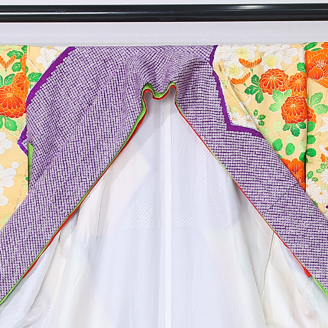 振袖 身丈150cm 裄丈61.5cm Aランク 袷 正絹 S 広衿 絞り 吉祥文様 古典柄 菊 牡丹 紫系 1213-F0445