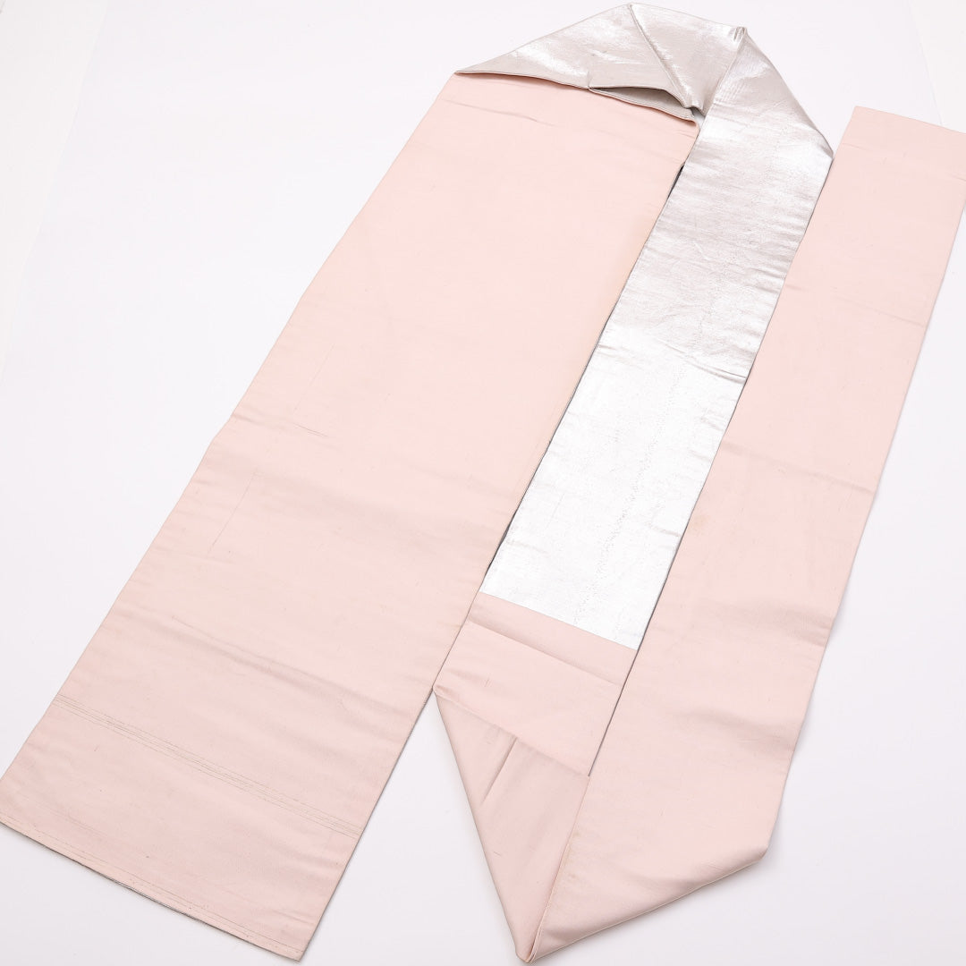 名古屋帯 帯丈326cm 六通 名古屋仕立て Cランク カジュアル 無地 正絹 銀系 1224-01021