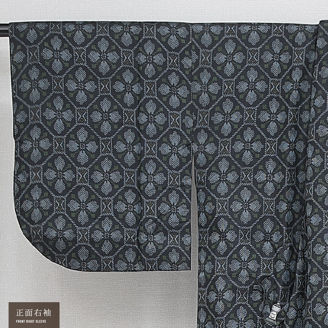 道中着 袷 身丈79cm 裄丈66cm 正絹 Sランク カジュアル Mサイズ 蜀江 花菱 紺系 RP 1236-14663