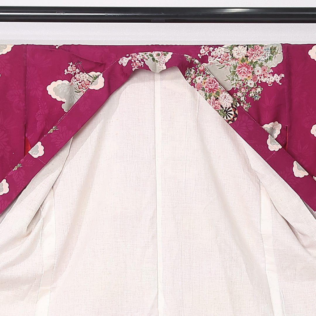 アンティーク 小紋 (錦紗) 袷 身丈147cm 裄丈61cm 正絹 Cランク バチ衿 XSサイズ 花車 花柄 笹 紫系 M4 1221-12426