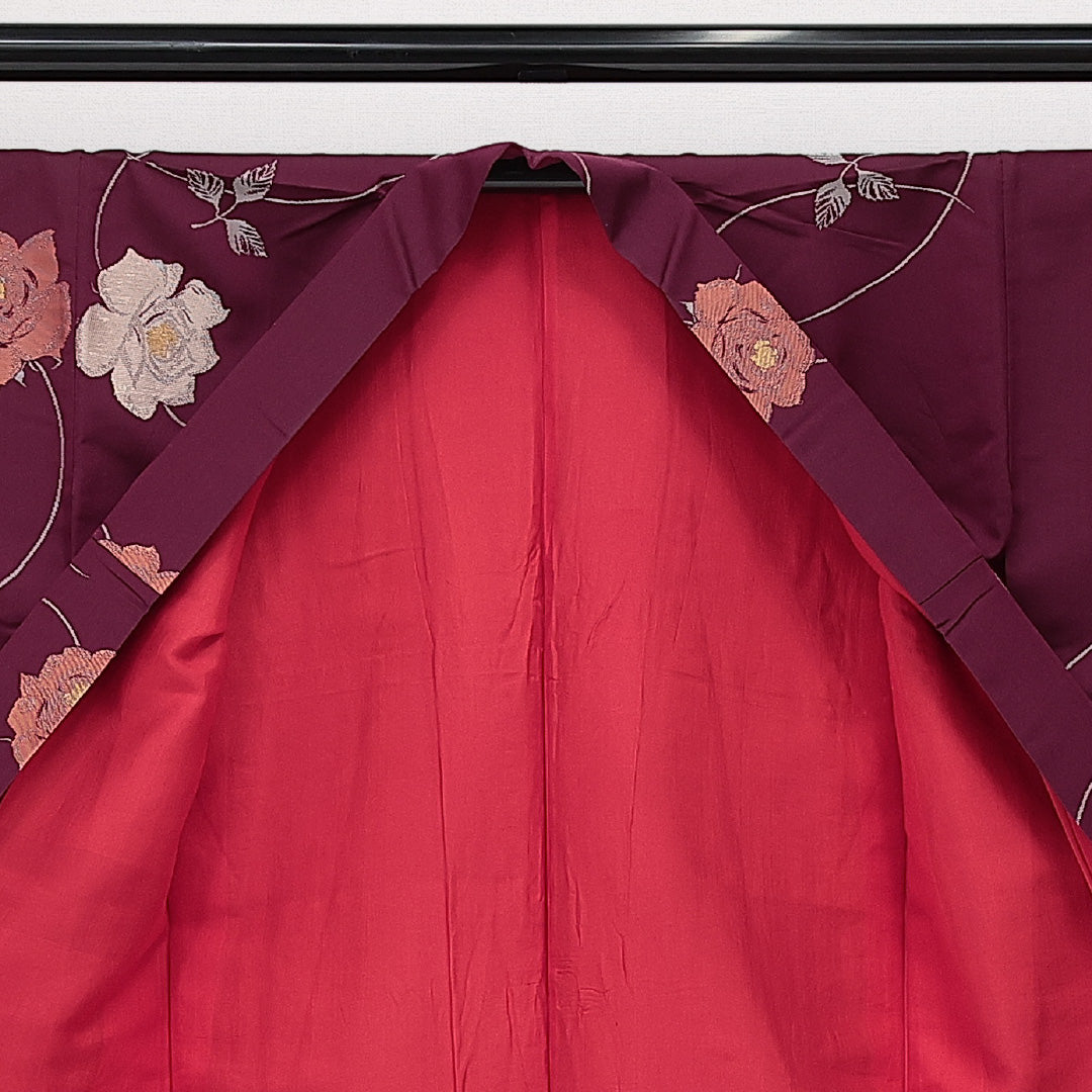 アンティーク お召 袷 身丈151cm 裄丈60cm 正絹 Aランク バチ衿 Sサイズ 薔薇 紫系 RP 1222-14234