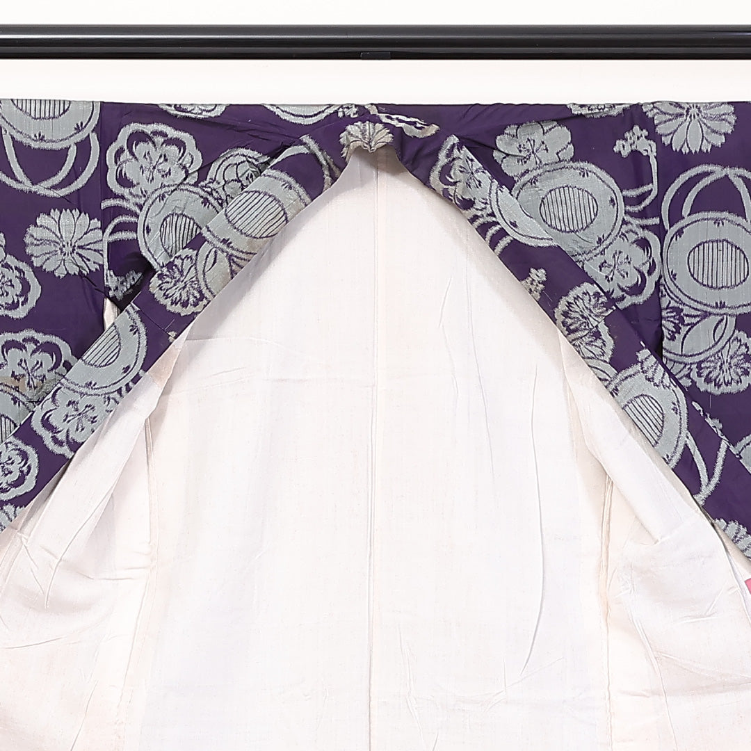 アンティーク 銘仙の着物 袷 身丈140cm 裄丈62cm 正絹 Cランク バチ衿 XSサイズ 鼓 菊 紫系 RP 1223-03750