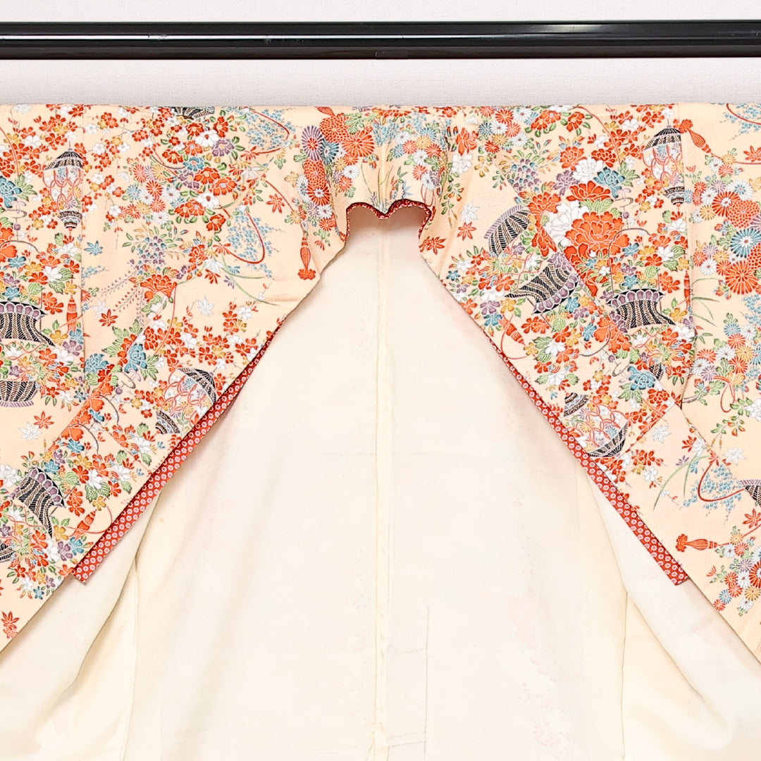 洗える着物 小紋 袷 身丈158cm 裄丈60cm ポリエステル Aランク インフォーマル 広衿 Mサイズ 花籠 クリーム系 RP 1221-13540