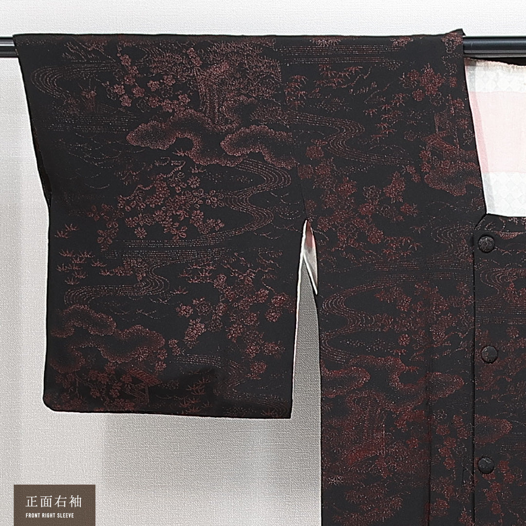 道行コート 袷 身丈86cm 裄丈61cm 正絹 Sランク セミフォーマル Sサイズ ポケットあり 風景柄 黒系 RP 1237-14839