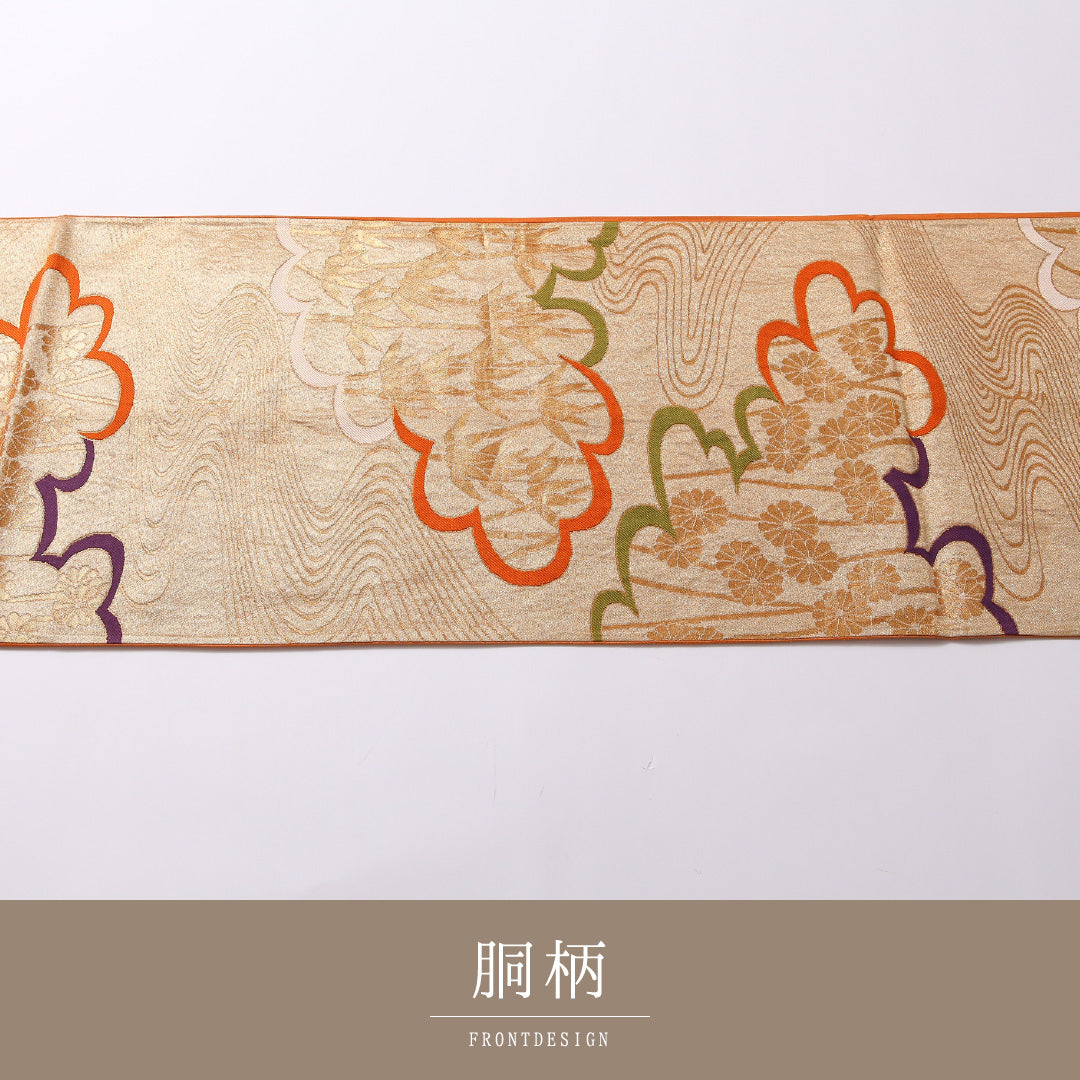 アンティーク 袋帯 帯丈424cm 六通 未仕立て Aランク 正絹 雲取り 吉祥文様 古典的 淡い 金系 1223-01676