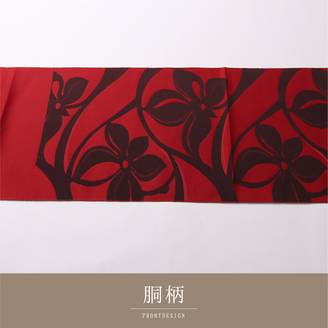 八寸名古屋帯 Sランク 帯丈372cm 正絹 六通 開き仕立て 染め カジュアル 塩瀬 花柄 赤系 LP 1245-02962