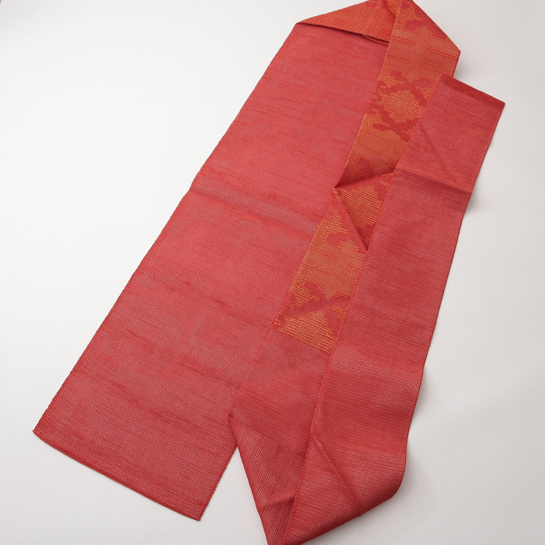 未使用品 八寸名古屋帯 （夏帯） Nランク 帯丈64cm 正絹 六通 名古屋仕立て 織り カジュアル 幾何学柄 朱系 GP 1245-02167