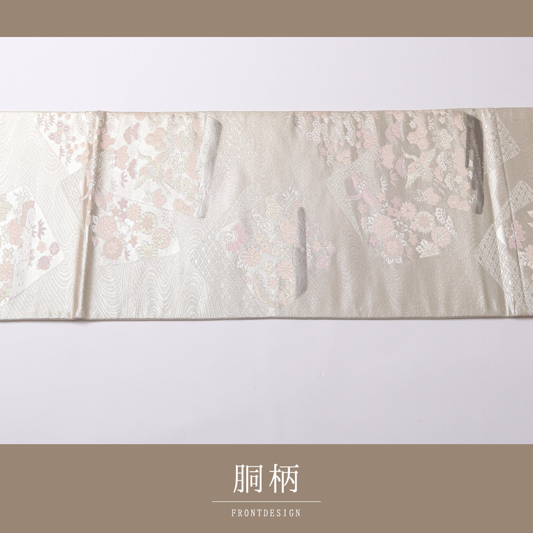 袋帯 帯丈432cm 六通 フォーマル Sランク 正絹 鶴 吉祥文様 古典的 格調高い 銀系 1223-01604