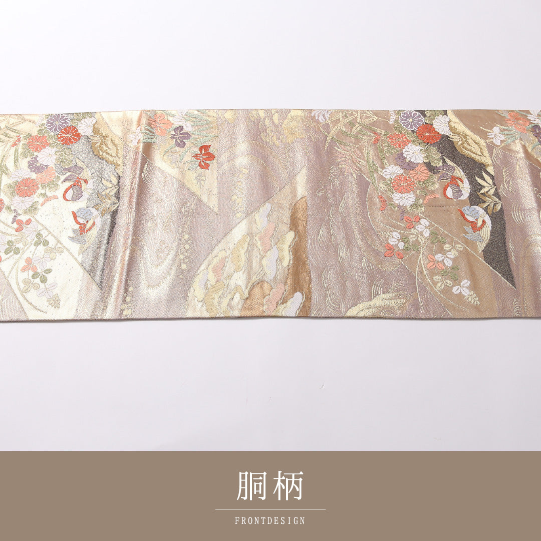 袋帯 帯丈418cm 正絹 六通 フォーマル 本金箔 鴛鴦 山水 金系 ベージュ系 1243-01688