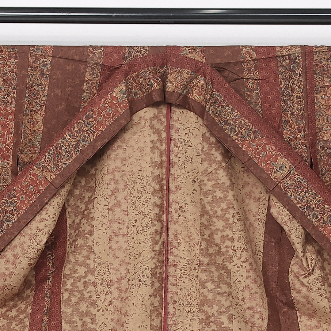 紬 単衣 身丈152cm 裄丈55cm 正絹 Sランク カジュアル 広衿 Sサイズ 更紗 縞 茶系 RP 1223-12165