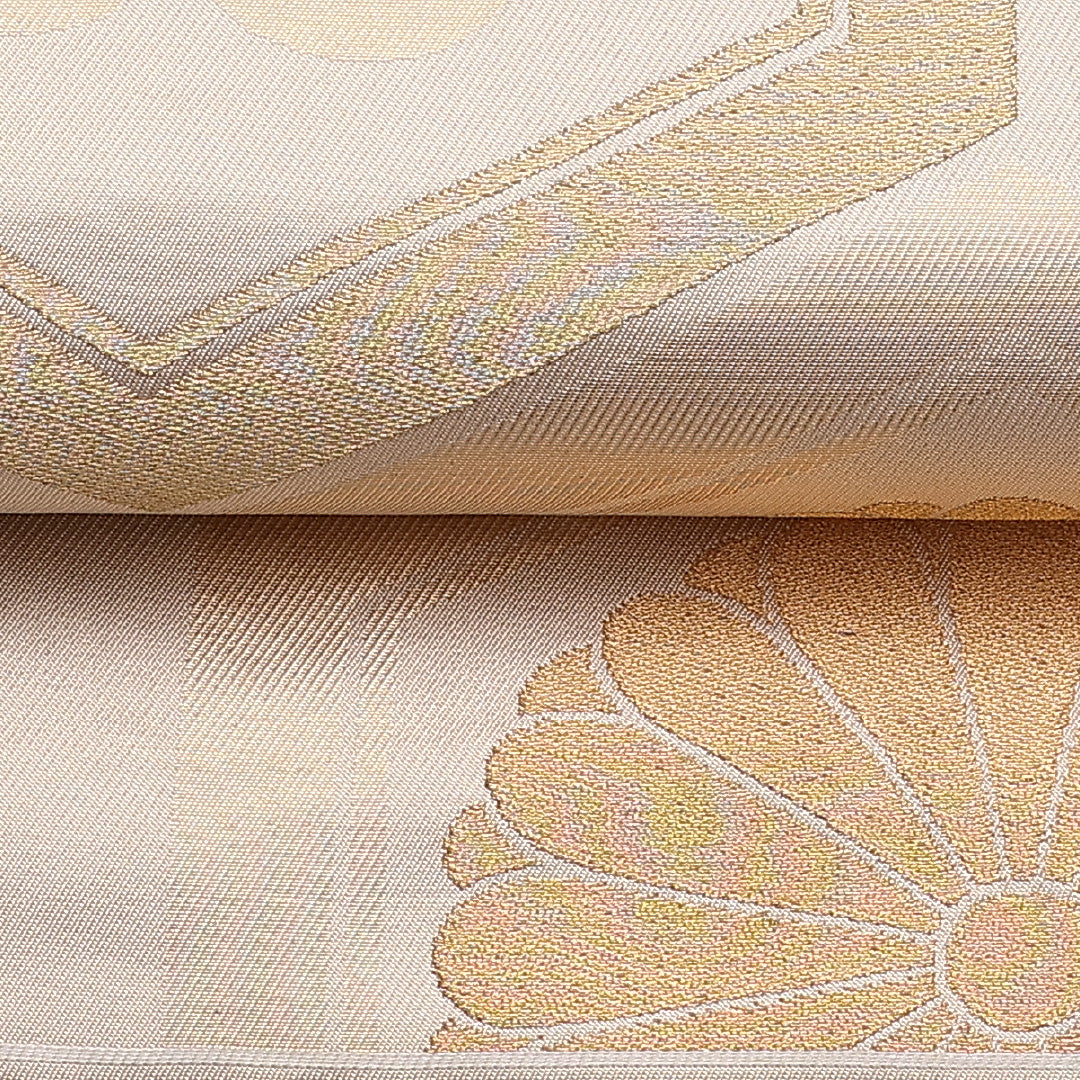 袋帯 帯丈440cm 六通 御所菊 梅 亀甲 金系 フォーマル クリーム系 正絹 Aランク 1223-00851