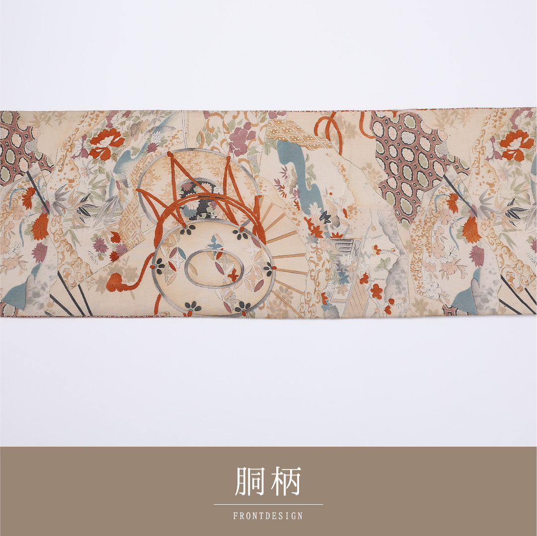 アンティーク 京袋帯 名古屋帯 帯丈370cm 全通 袋仕立て Cランク セミフォーマル リバーシブル 正絹 クリーム系 1224-01364