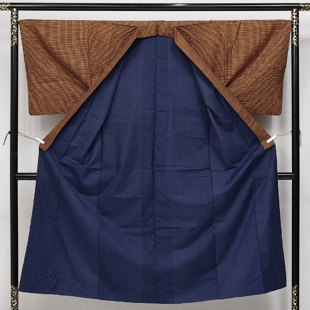 男着物 袷 身丈147cm 裄丈66cm 正絹 Aランク カジュアル 棒衿 Lサイズ 格子 茶系 RP 1224-14582