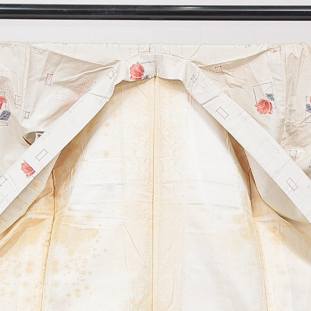 紬 袷 身丈159cm 裄丈66cm 正絹 Cランク カジュアル バチ衿 Mサイズ 花柄 クリーム系 LP 1223-15613