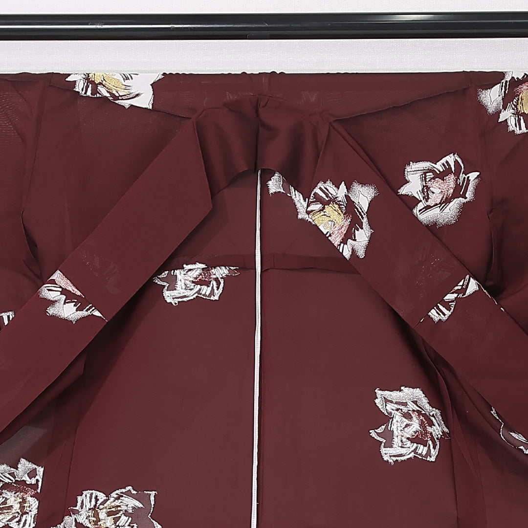 夏物 紬 絽 身丈148cm 裄丈62cm 正絹 Sランク カジュアル 広衿 XSサイズ 花柄 茶系 RP 1223-12463