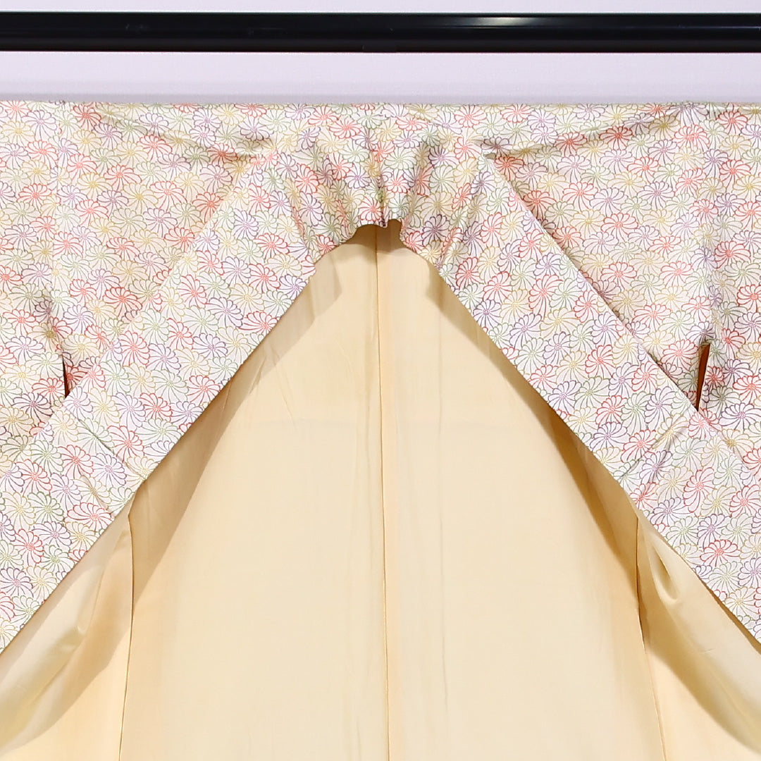 小紋 袷 身丈158cm 裄丈62cm 正絹 Sランク インフォーマル 広衿 Mサイズ 菊 クリーム系 RP 1221-11661