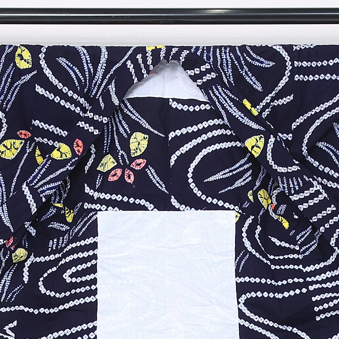 夏物 洗える着物 木綿の有松鳴海絞 (有松鳴海絞) 夏物 身丈152cm 裄丈61cm 木綿 Sランク カジュアル バチ衿 Sサイズ 居敷当て 肩当て 流水 植物柄 紺系 PO 1225-12131