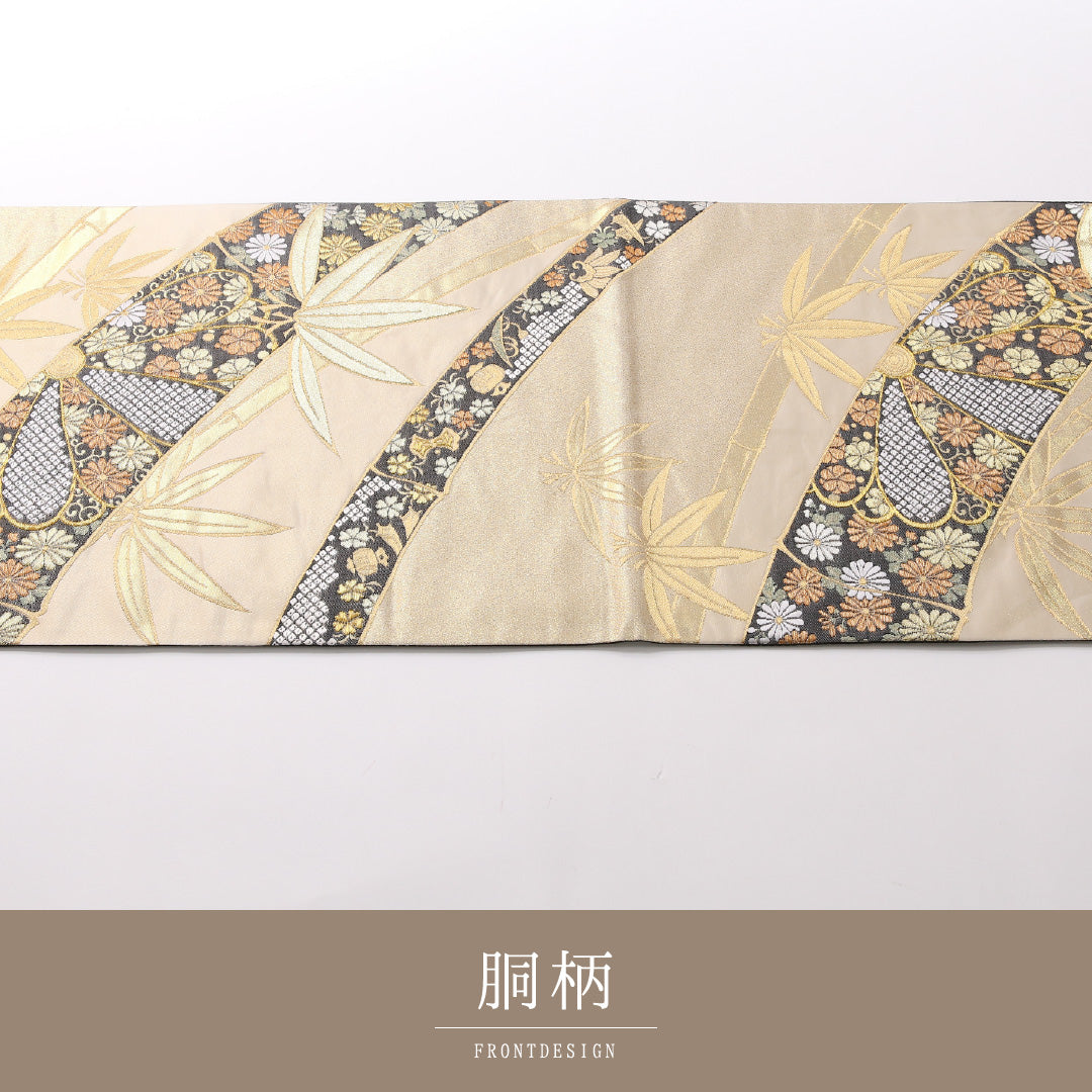 袋帯 帯丈424cm 正絹 全通 フォーマル 裂取り 吉祥文様 金系 黄系 1243-01675