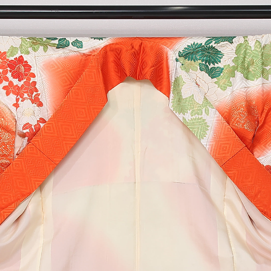 振袖 身丈157cm 裄丈64.5cm Sランク 袷 正絹 XL 広衿 ぼかし 金彩 刺繍 金駒刺繍 吉祥文様 古典柄 牡丹 花柄 朱系 1213-F0429