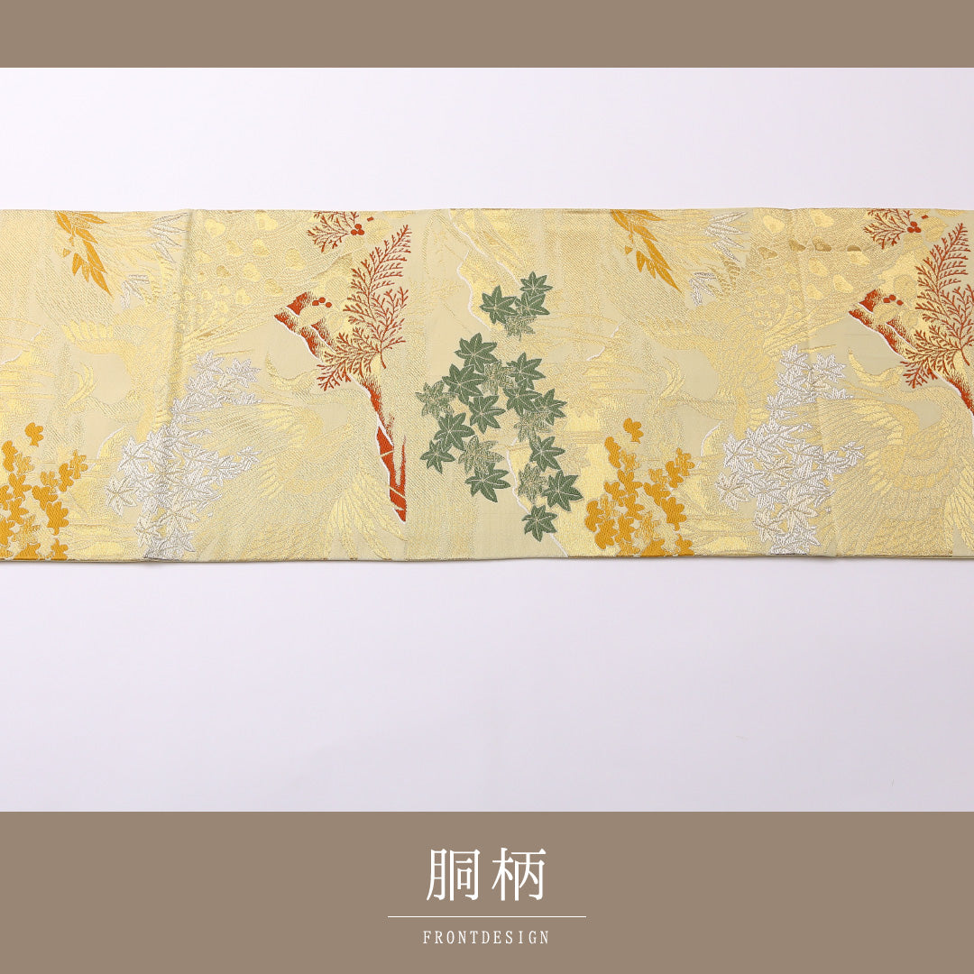 アンティーク 袋帯 帯丈384cm 六通 Aランク 正絹 尾長鳥 古典的 格調高い 金系 1223-01487