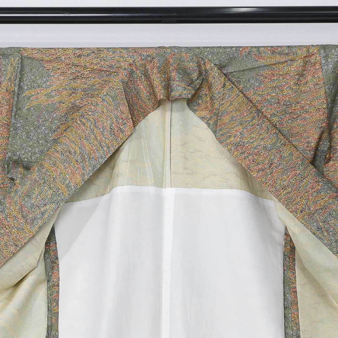 小紋 身丈158cm 裄丈68cm Sランク M ポリエステル 洗える着物 単衣 広衿 クラシカル 居敷当て 風景柄 カジュアル 緑系 1215-12340