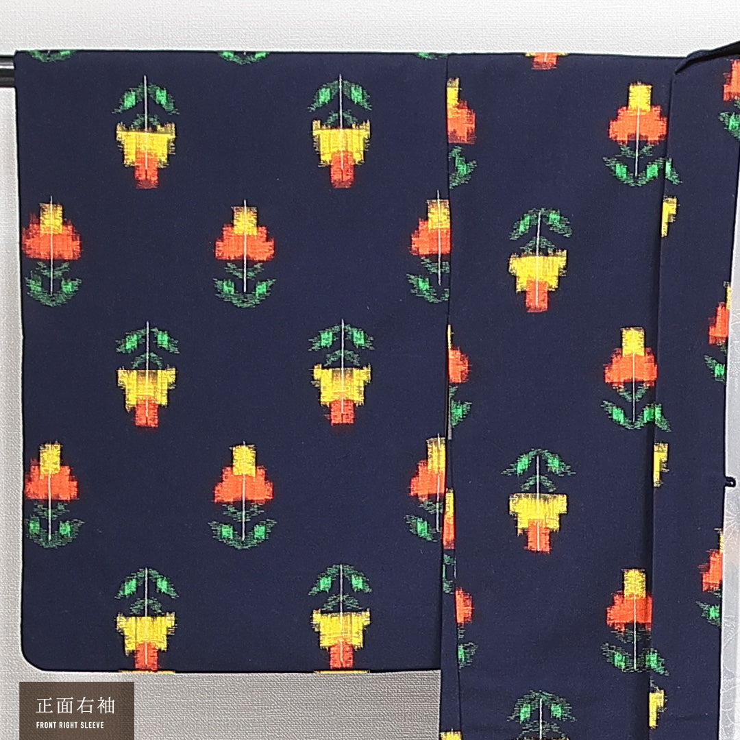 アンティーク 羽織（銘仙） 袷 身丈80cm 裄丈65cm 正絹 Aランク Mサイズ チューリップ 紺系 1217-14749