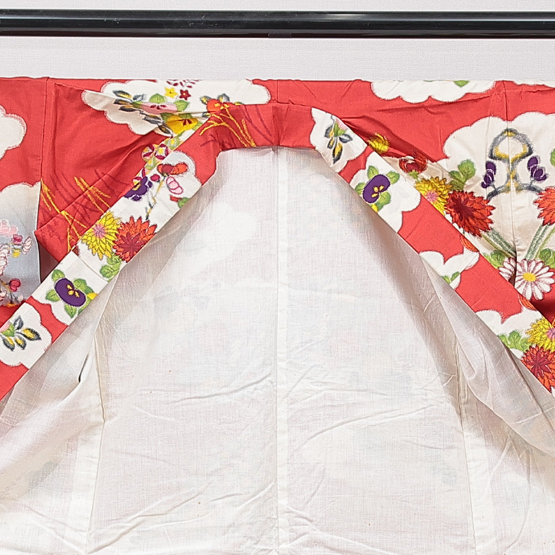 アンティーク 紬（銘仙） 袷 身丈149cm 裄丈64cm 正絹 Dランク XSサイズ バチ衿 梅 赤系 1216-15612