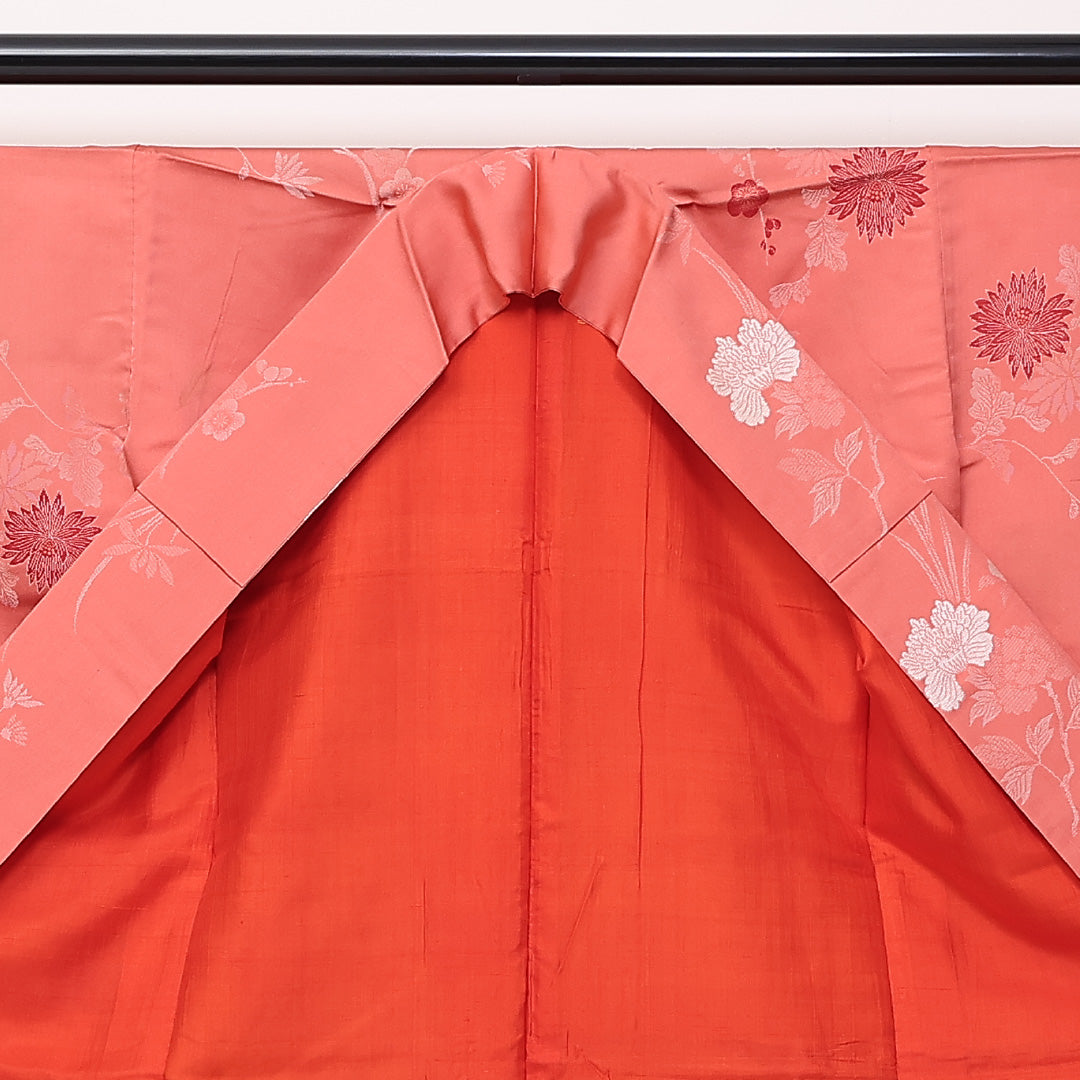 アンティーク 袷 身丈152cm 裄62cm 正絹 お召 梅 菊 ピンク系 Cランク 1216-01350