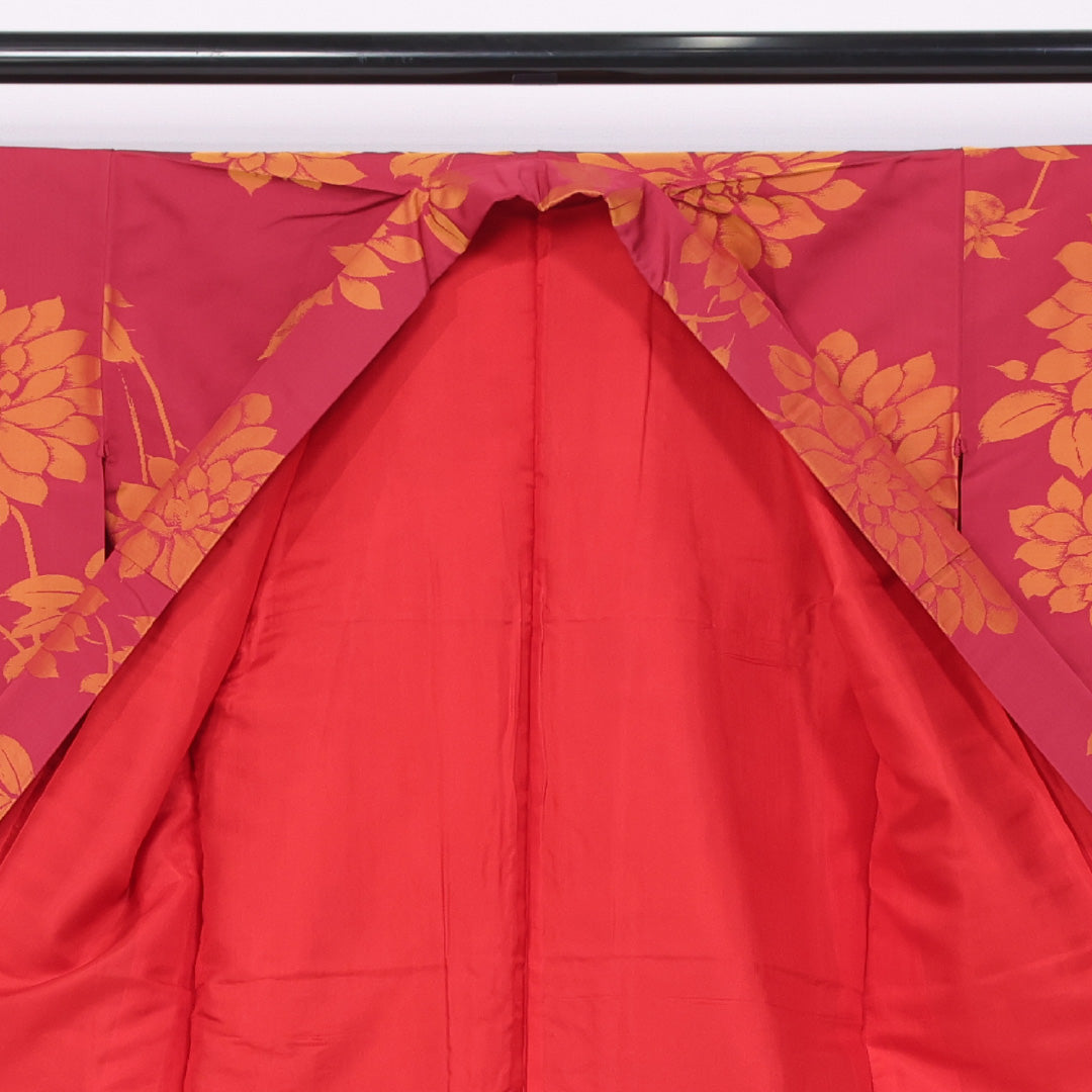 アンティーク お召 袷 身丈155cm 裄丈62cm 正絹 Aランク 広衿 Mサイズ 菊 赤系 M4 1222-11496